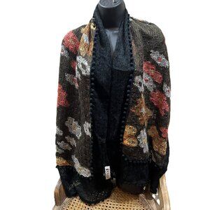100% Wool Ecuador Black Flower Accent Scarf Soft Fringed Pashmina Wrap Boho